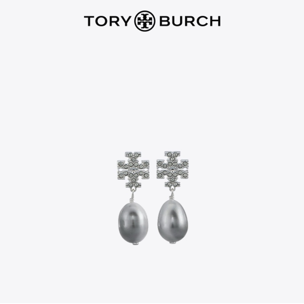 Tory Burch Crystal and Gray Faux Pearl Drop Earrings